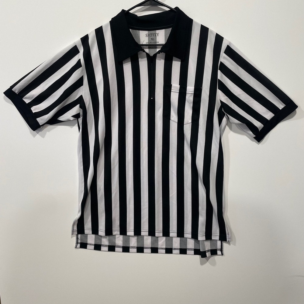 Smitty XL Referee Shirt Black White Striped Short‎ Sleeve Zip Up